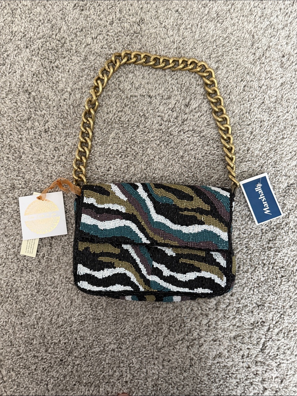 Marshall Beaded Zebra-Print Shoulder Bag with Gold Chain